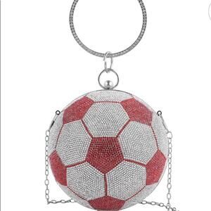 Red and White Crystal Soccer ⚽️ Clutch, 5.5” D, comes with a 47” chain
